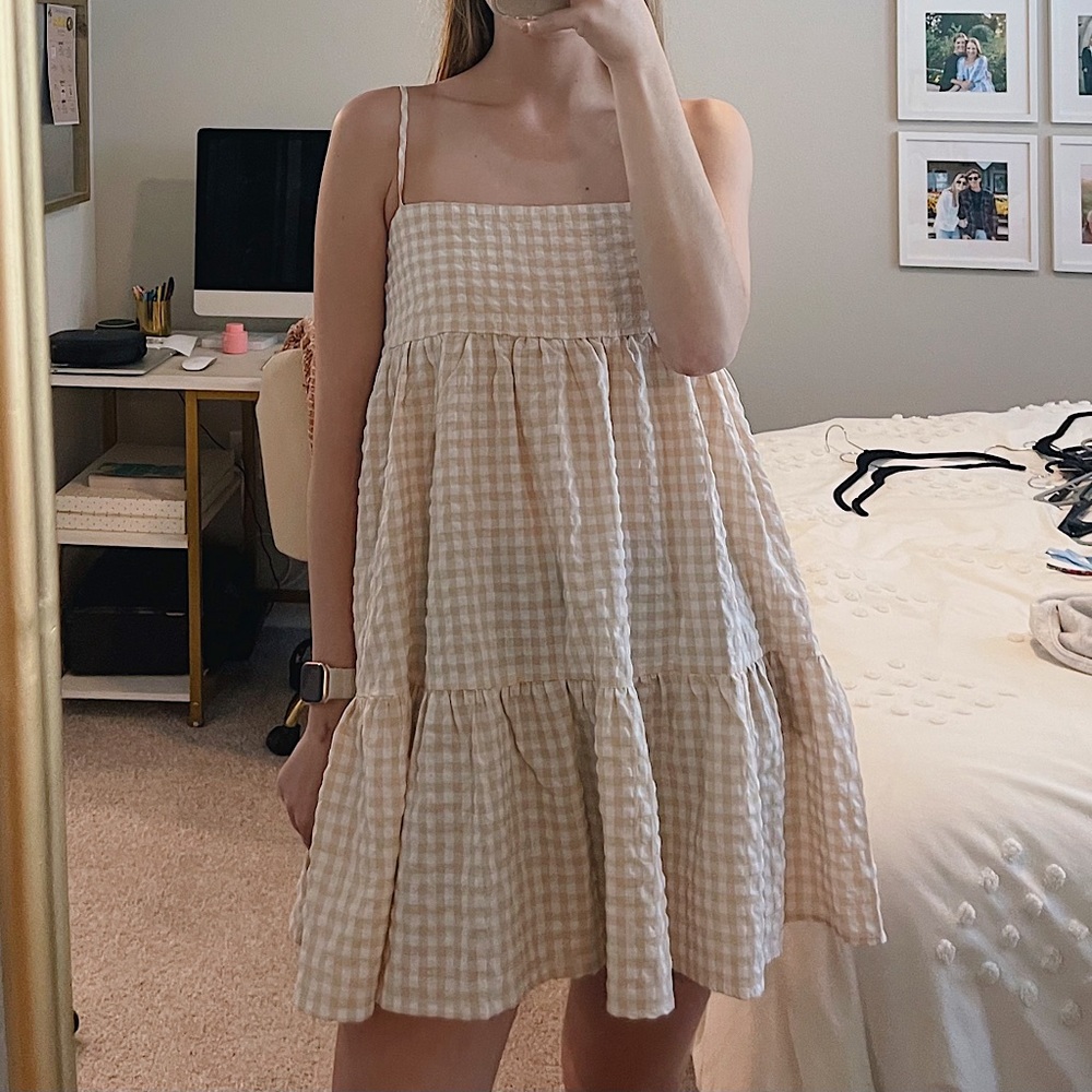 Beige + White gingham Babydoll Dress - Small